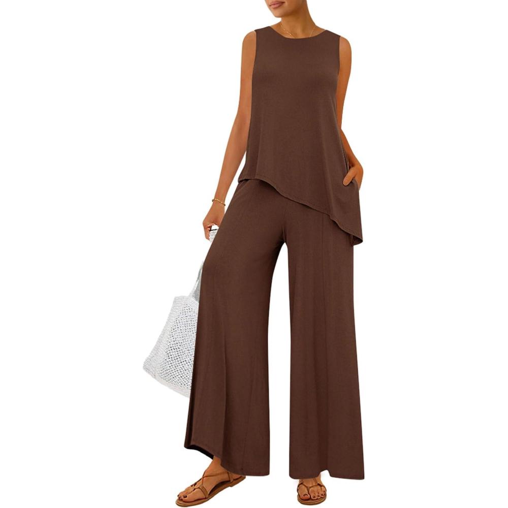 imagePRETTYGARDEN Womens 2026 Two Piece Matching Lounge Sets Asymmetrical Split Tank Tops Wide Leg Pants Summer Outfits TracksuitLight Coffee