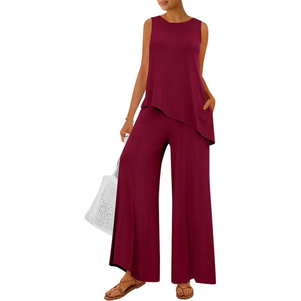 imagePRETTYGARDEN Womens 2026 Two Piece Matching Lounge Sets Asymmetrical Split Tank Tops Wide Leg Pants Summer Outfits TracksuitWine Red