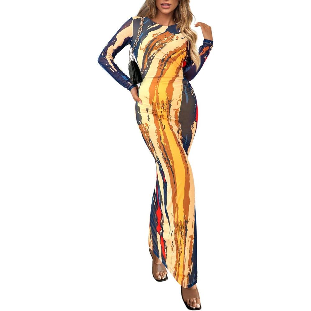 imagePRETTYGARDEN Womens Bodycon Maxi Dress Fall Spring Fashion Long Sleeve Floral Print Tight Fitted Party Club Ruched DressesNavy Watercolor