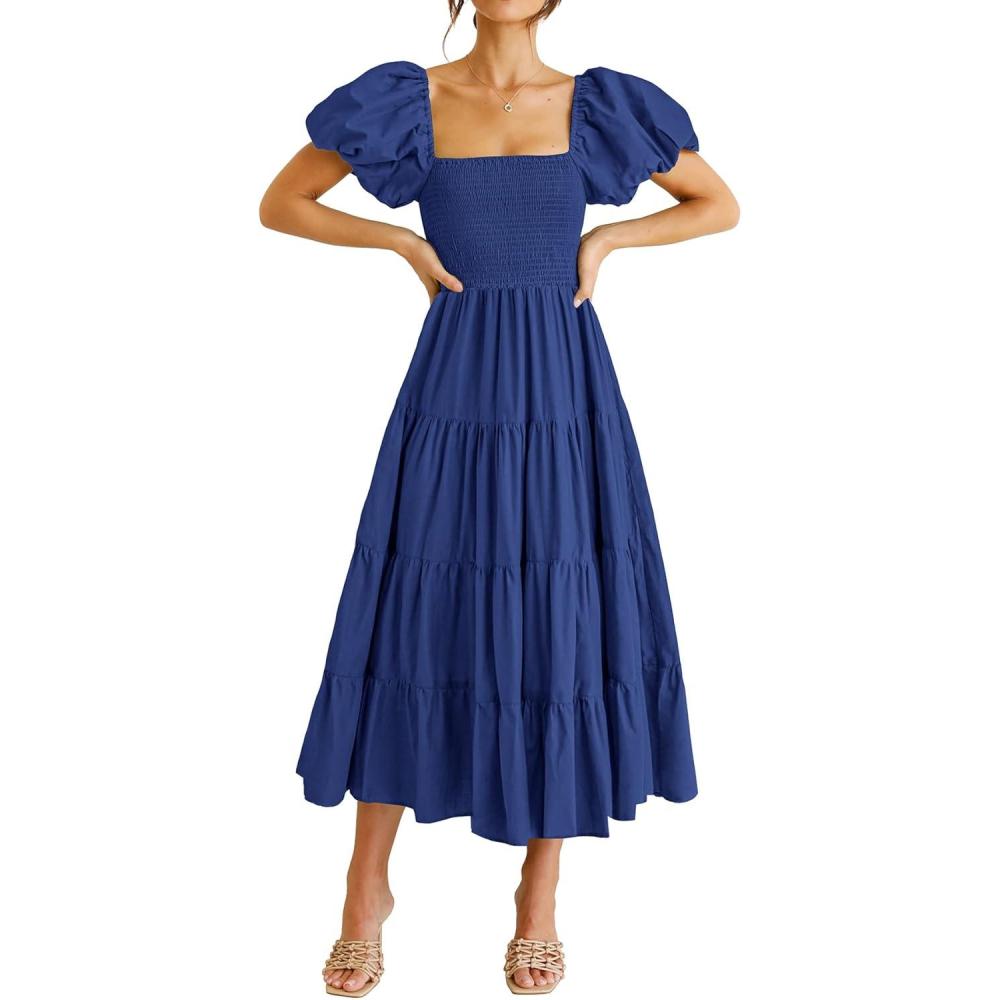imagePRETTYGARDEN Womens Casual Summer Midi Dress Puffy Short Sleeve Square Neck Smocked Tiered Ruffle DressesBlue