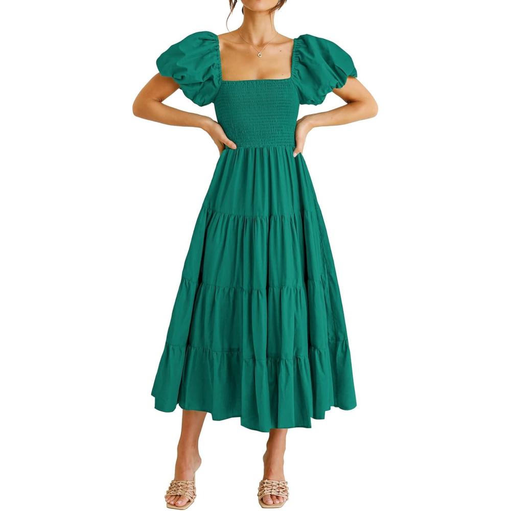 imagePRETTYGARDEN Womens Casual Summer Midi Dress Puffy Short Sleeve Square Neck Smocked Tiered Ruffle DressesDark Green
