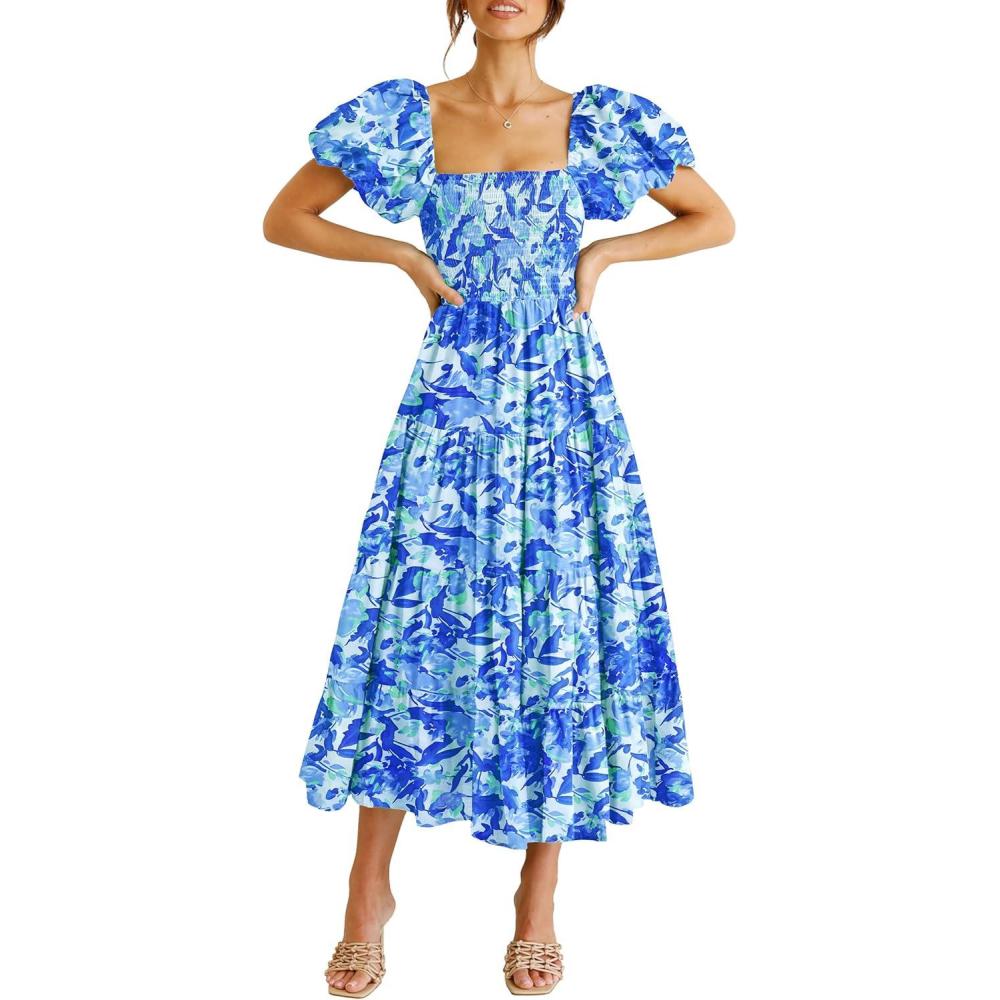 imagePRETTYGARDEN Womens Casual Summer Midi Dress Puffy Short Sleeve Square Neck Smocked Tiered Ruffle DressesFloral Blue