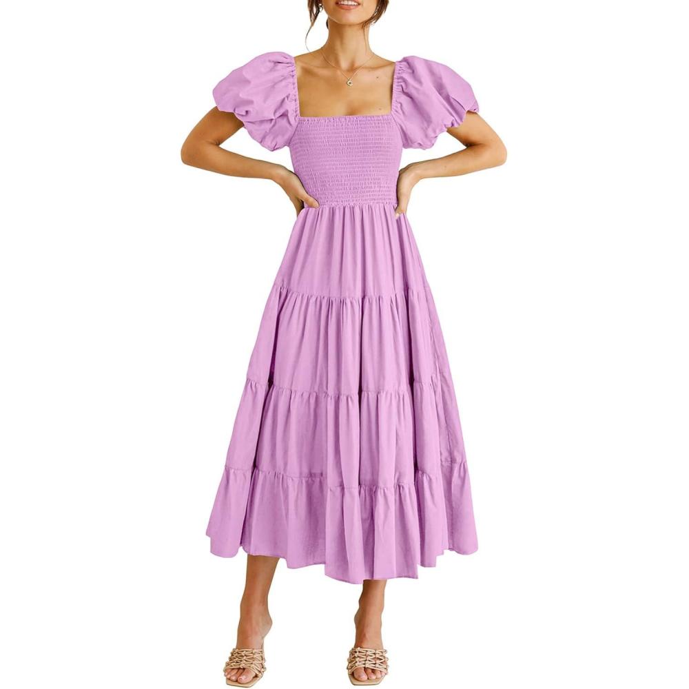 imagePRETTYGARDEN Womens Casual Summer Midi Dress Puffy Short Sleeve Square Neck Smocked Tiered Ruffle DressesLight Purple