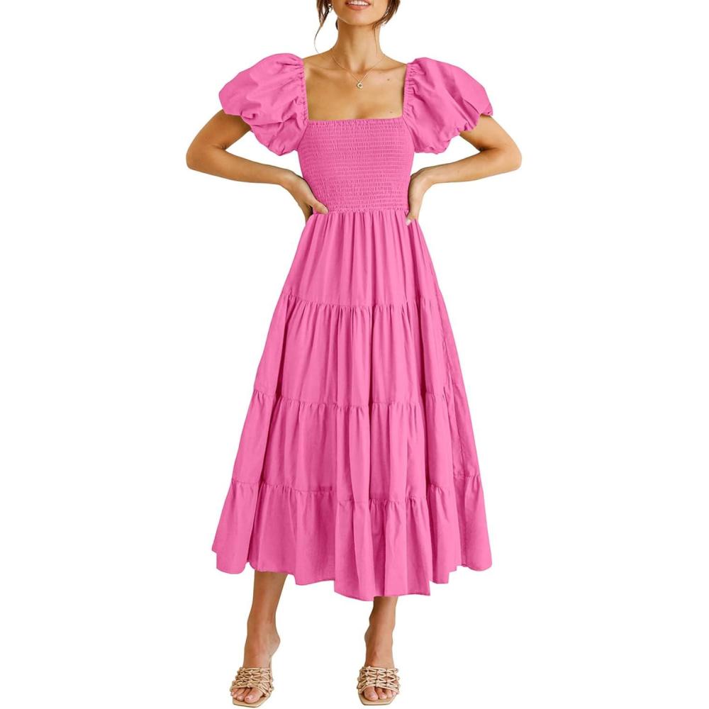 imagePRETTYGARDEN Womens Casual Summer Midi Dress Puffy Short Sleeve Square Neck Smocked Tiered Ruffle DressesRose Pink