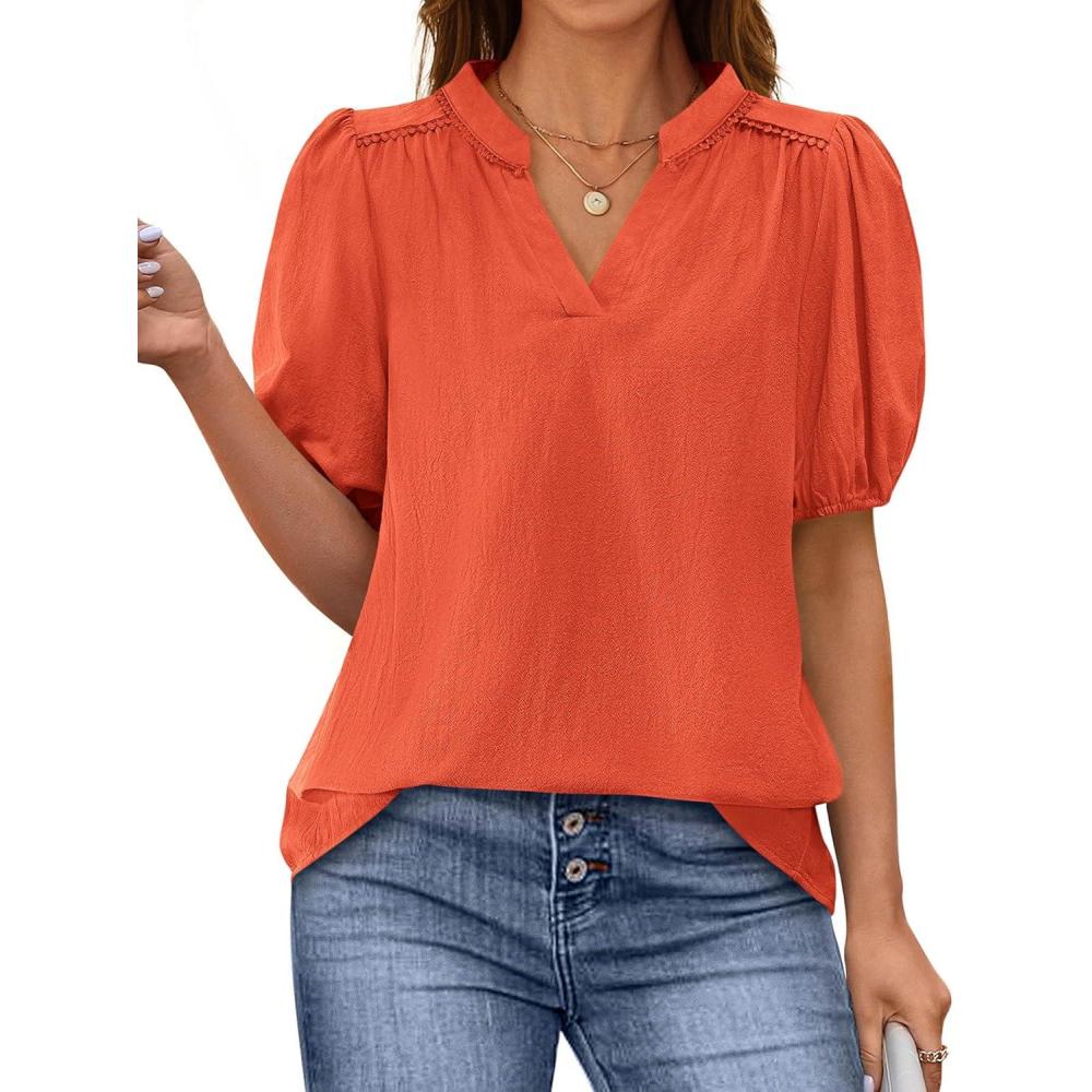 imagePRETTYGARDEN Womens Casual Summer Tops 2025 V Neck Short Puff Sleeve Pleated Cotton T Shirts Loose Dressy BlousesOrange Red