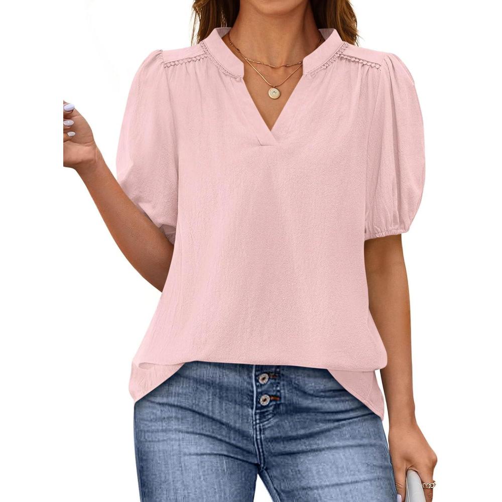imagePRETTYGARDEN Womens Casual Summer Tops 2025 V Neck Short Puff Sleeve Pleated Cotton T Shirts Loose Dressy BlousesPink