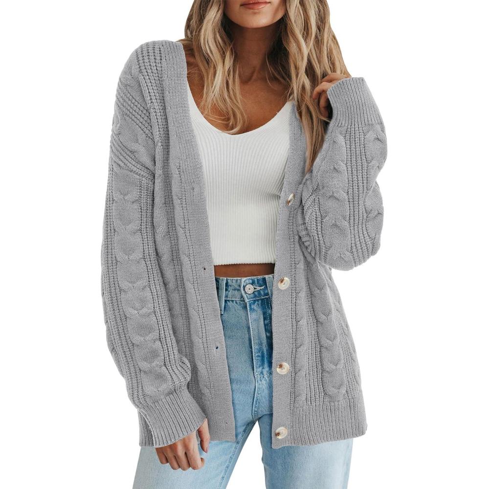 imagePRETTYGARDEN Womens Chunky Cardigan Sweaters 2025 Fall Oversized Cable Knit Long Sleeve Open Front Cardigans Winter ClothingGrey