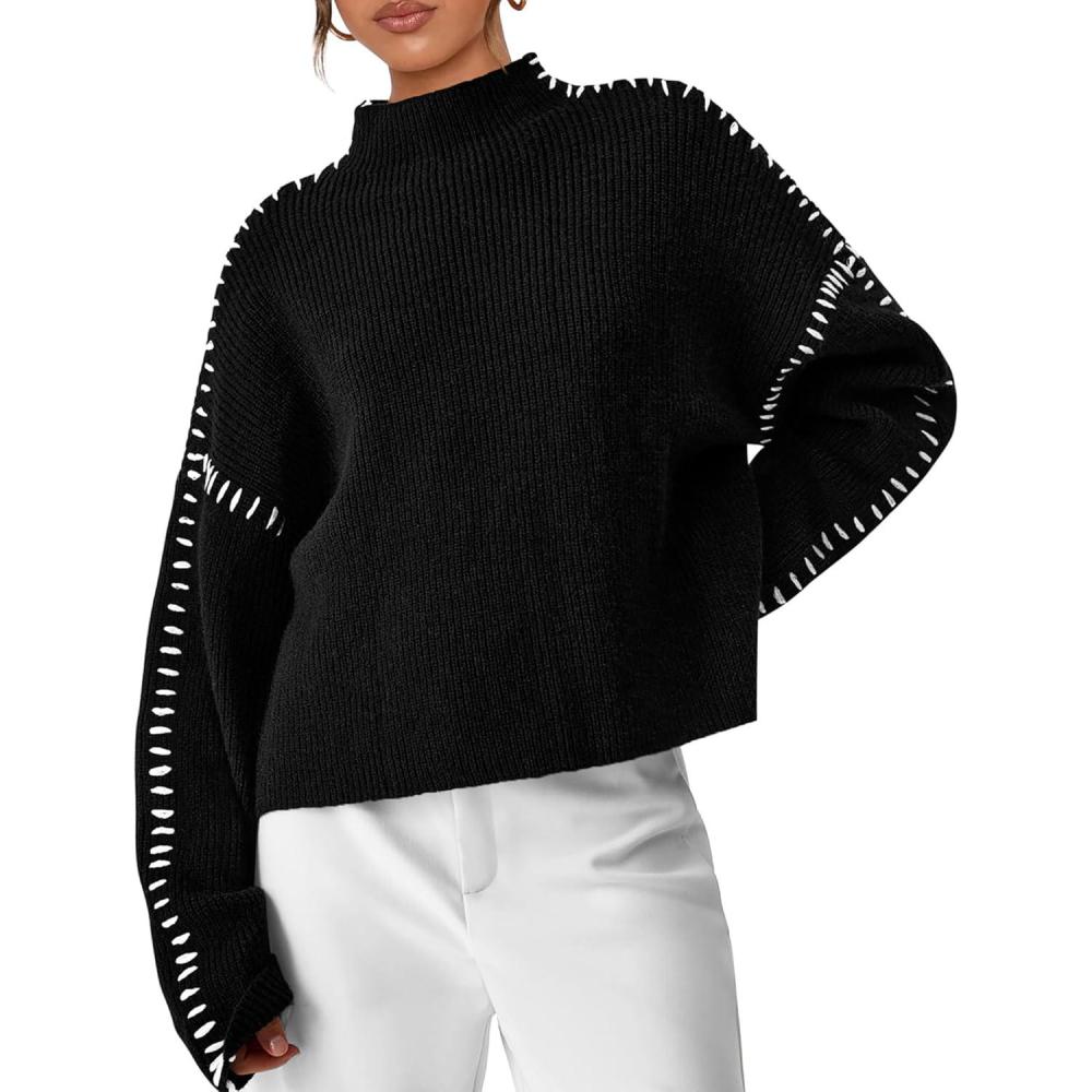 imagePRETTYGARDEN Womens Chunky Knit Sweaters 2026 Fall Long Sleeve Mock Neck Oversized Pullover Tops Winter Fashion ClothesBlack