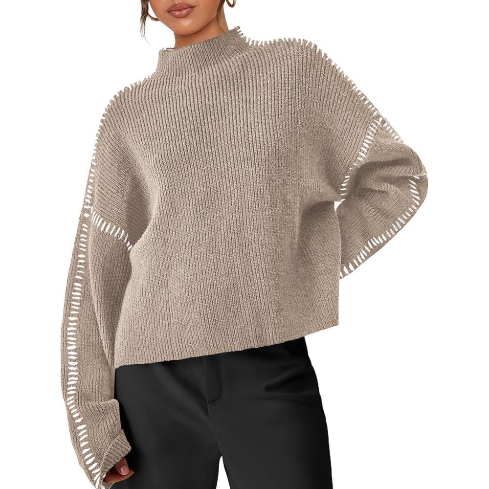 imagePRETTYGARDEN Womens Chunky Knit Sweaters 2026 Fall Long Sleeve Mock Neck Oversized Pullover Tops Winter Fashion ClothesCamel