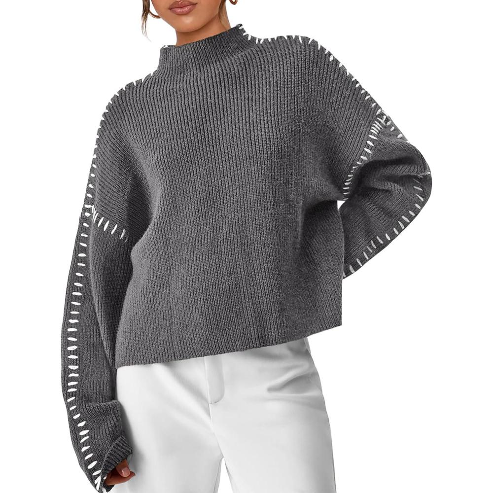 imagePRETTYGARDEN Womens Chunky Knit Sweaters 2026 Fall Long Sleeve Mock Neck Oversized Pullover Tops Winter Fashion ClothesGrey