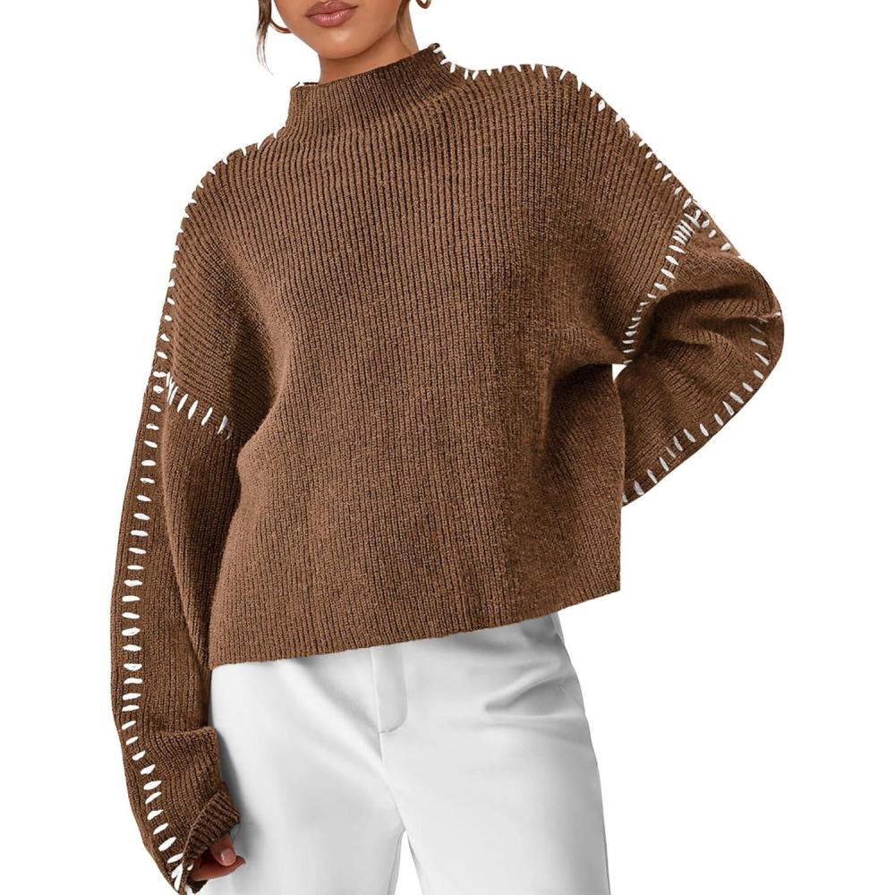 imagePRETTYGARDEN Womens Chunky Knit Sweaters 2026 Fall Long Sleeve Mock Neck Oversized Pullover Tops Winter Fashion ClothesKhaki