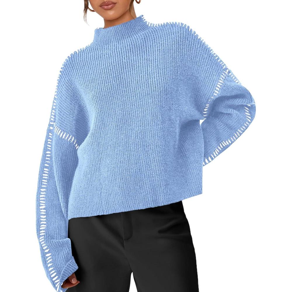 imagePRETTYGARDEN Womens Chunky Knit Sweaters 2026 Fall Long Sleeve Mock Neck Oversized Pullover Tops Winter Fashion ClothesLight Blue