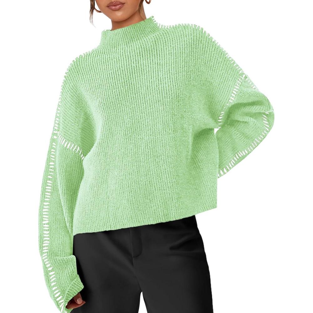imagePRETTYGARDEN Womens Chunky Knit Sweaters 2026 Fall Long Sleeve Mock Neck Oversized Pullover Tops Winter Fashion ClothesLight Green
