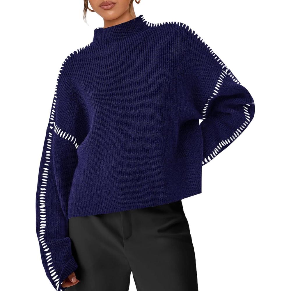 imagePRETTYGARDEN Womens Chunky Knit Sweaters 2026 Fall Long Sleeve Mock Neck Oversized Pullover Tops Winter Fashion ClothesNavy Blue