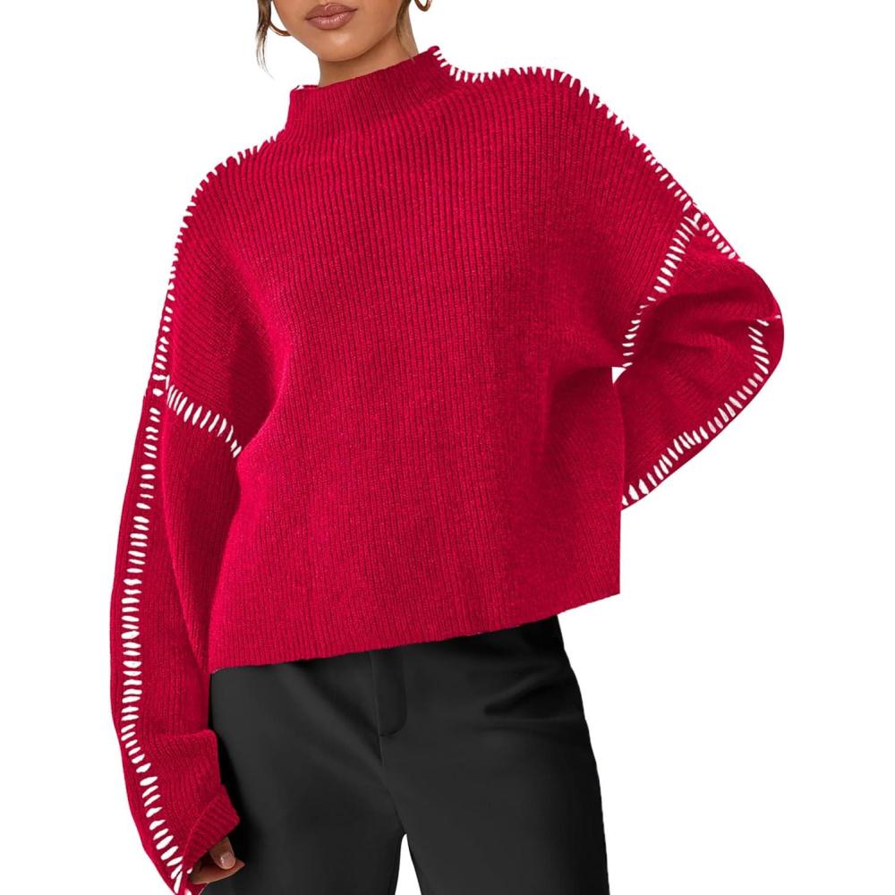 imagePRETTYGARDEN Womens Chunky Knit Sweaters 2026 Fall Long Sleeve Mock Neck Oversized Pullover Tops Winter Fashion ClothesRed