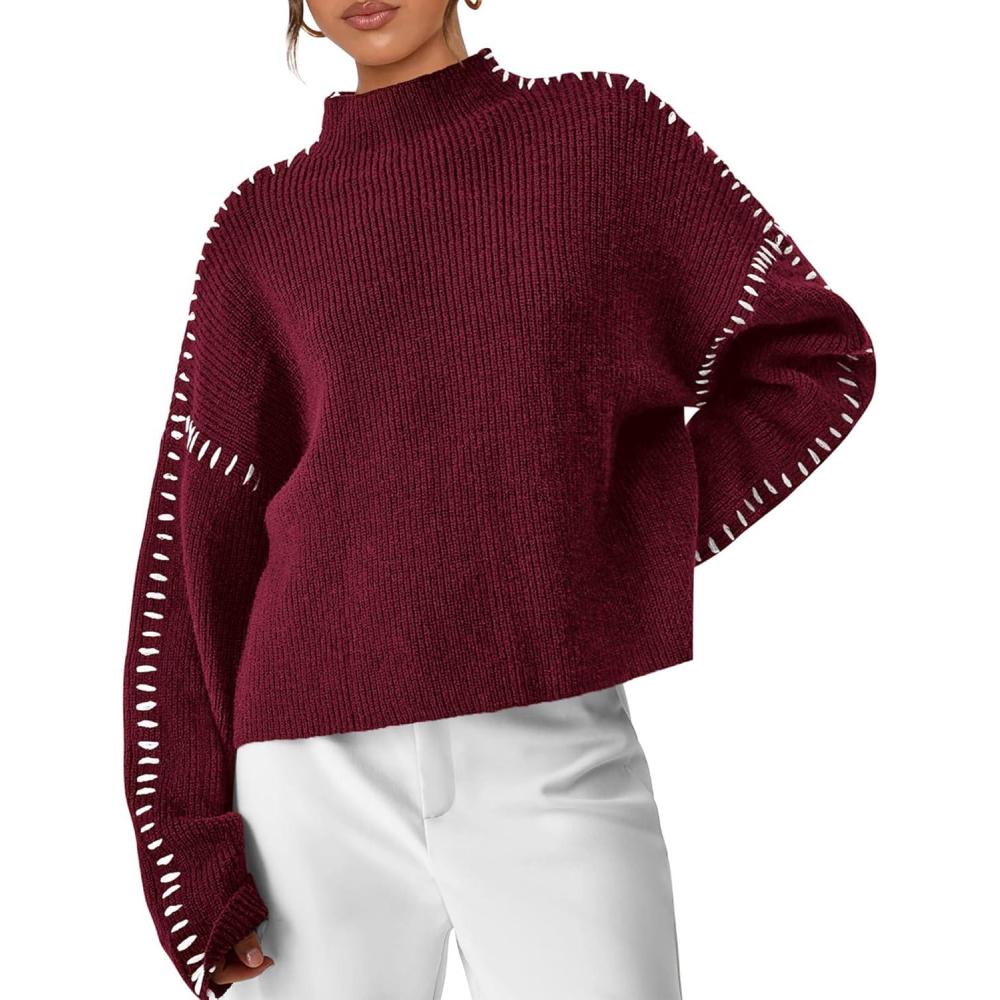 imagePRETTYGARDEN Womens Chunky Knit Sweaters 2026 Fall Long Sleeve Mock Neck Oversized Pullover Tops Winter Fashion ClothesWine Red
