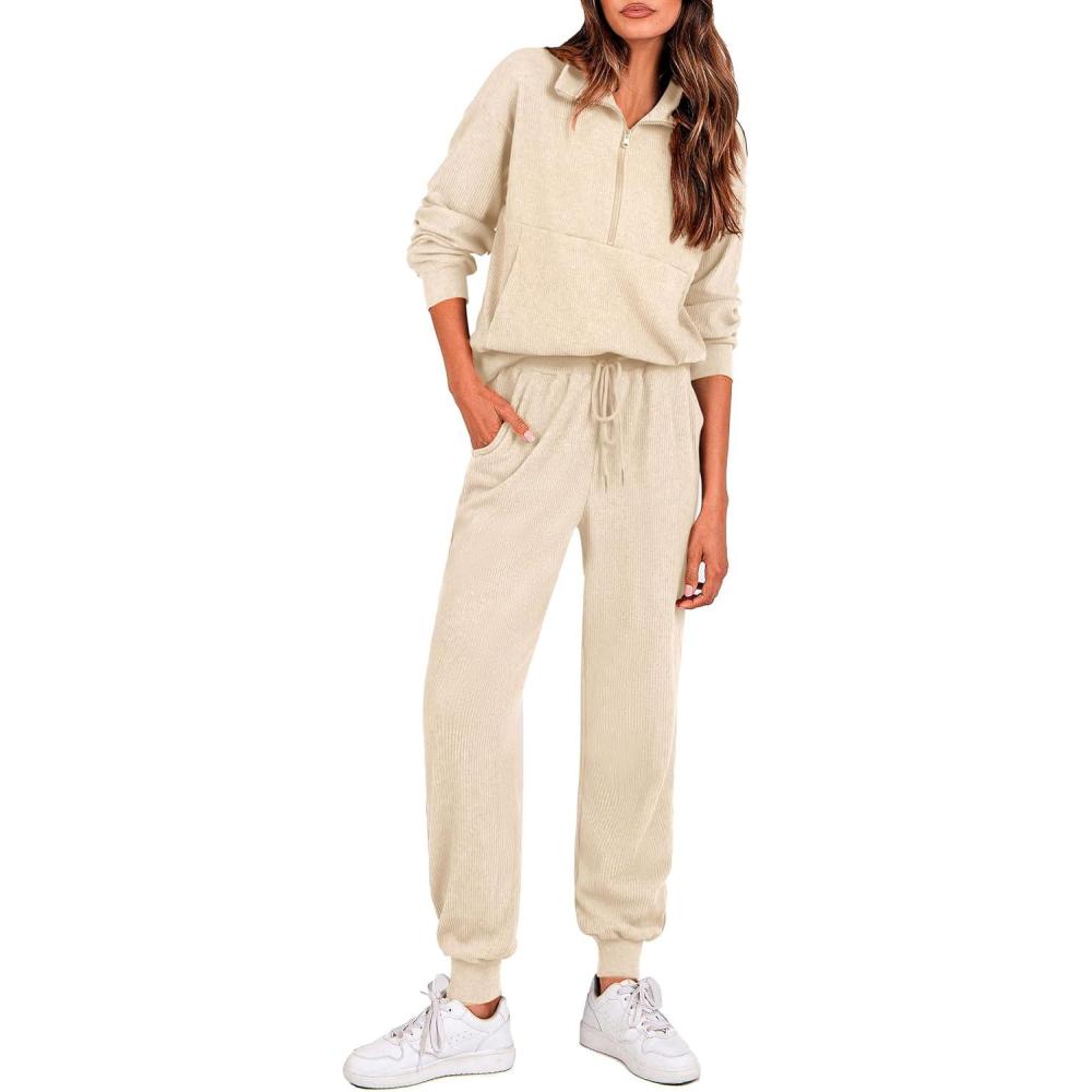imagePRETTYGARDEN Womens Fall 2 Piece Lounge Sets Zip Up Sweatshirt Jogger Pants Sweat Track Suits Travel Outfit Winter ClothingApricot
