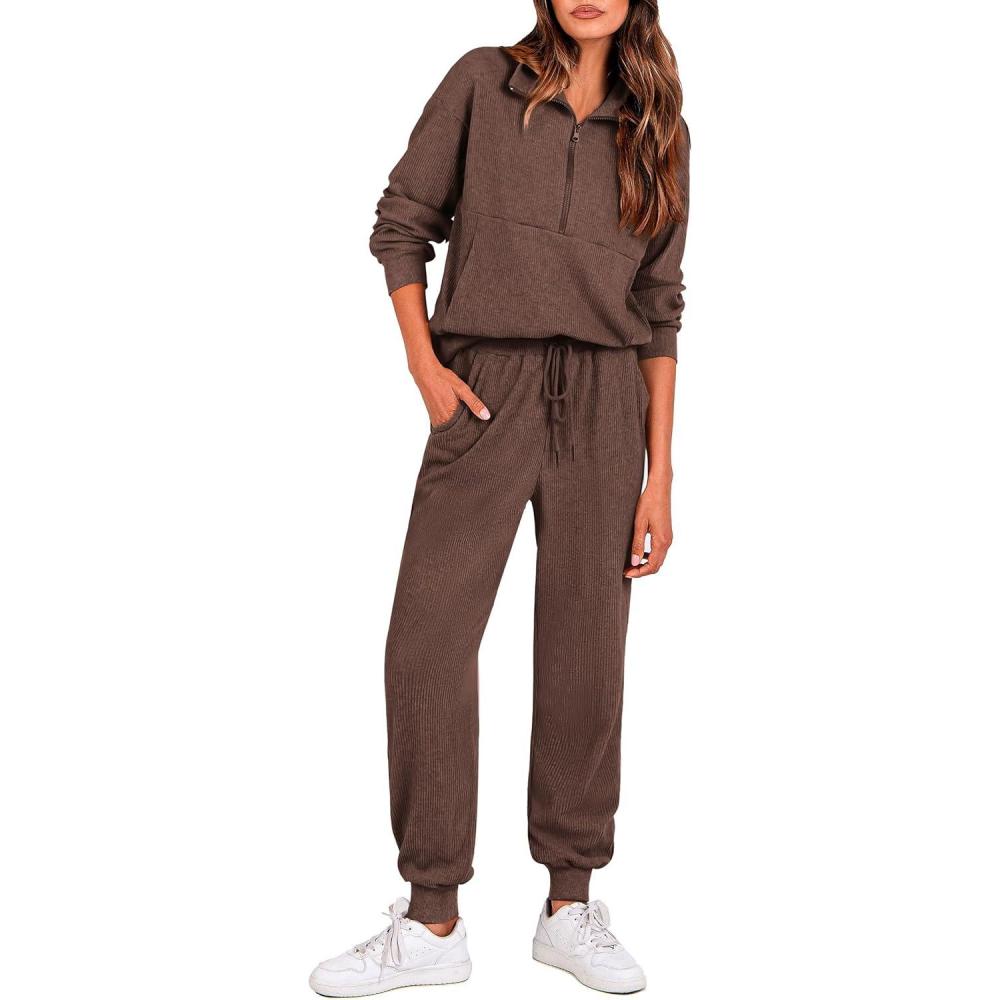 imagePRETTYGARDEN Womens Fall 2 Piece Lounge Sets Zip Up Sweatshirt Jogger Pants Sweat Track Suits Travel Outfit Winter ClothingCoffee