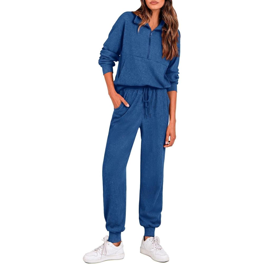 imagePRETTYGARDEN Womens Fall 2 Piece Lounge Sets Zip Up Sweatshirt Jogger Pants Sweat Track Suits Travel Outfit Winter ClothingDark Blue