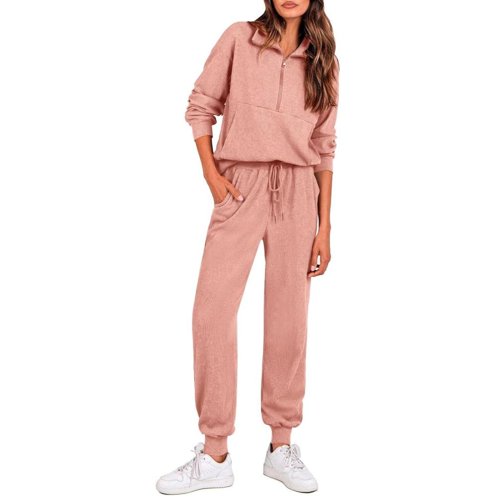 imagePRETTYGARDEN Womens Fall 2 Piece Lounge Sets Zip Up Sweatshirt Jogger Pants Sweat Track Suits Travel Outfit Winter ClothingPink