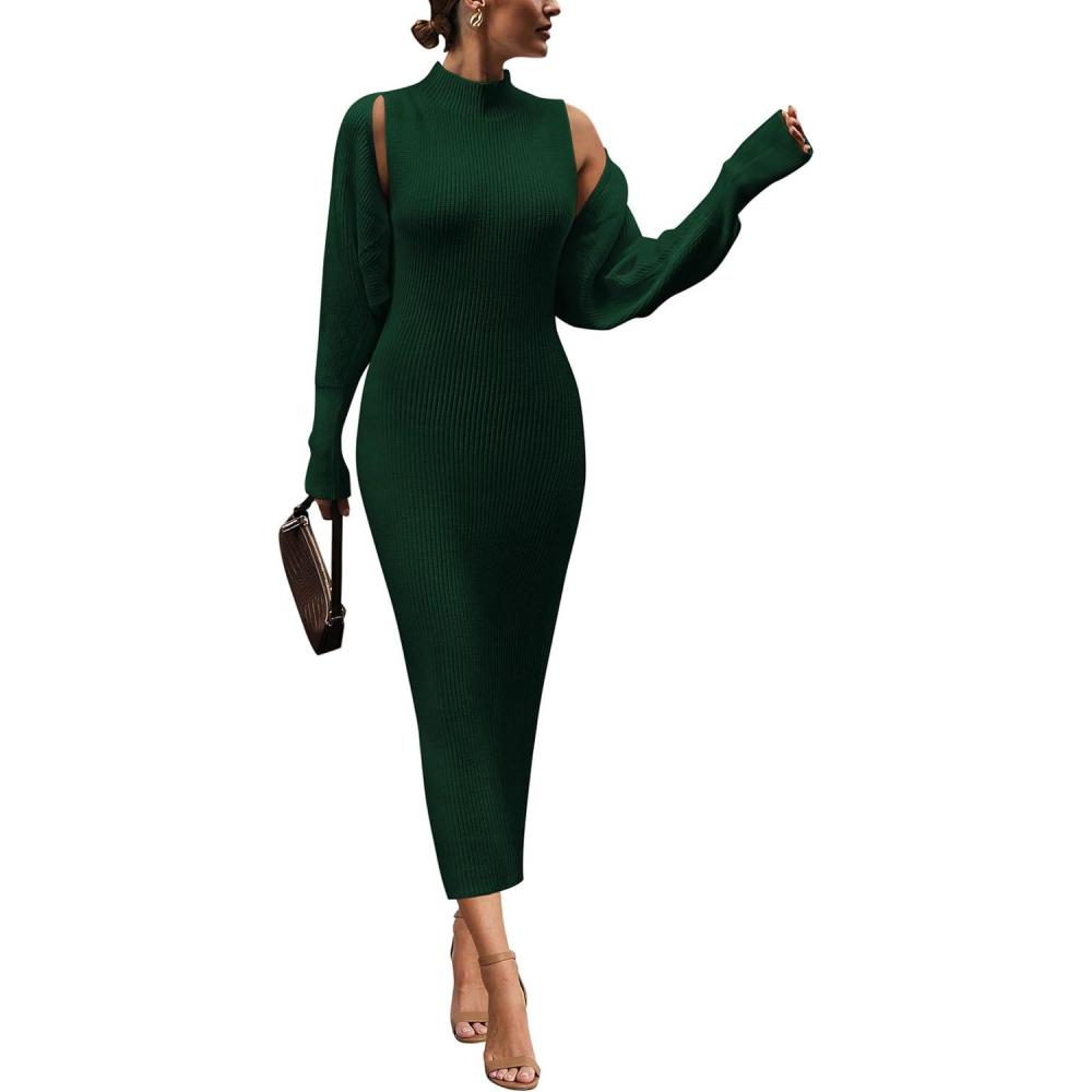 imagePRETTYGARDEN Womens Fall 2 Piece Outfits Knit Long Sleeve Cropped Cardigan Pullover Sweater Maxi Dress Sets Winter ClothingDark Green