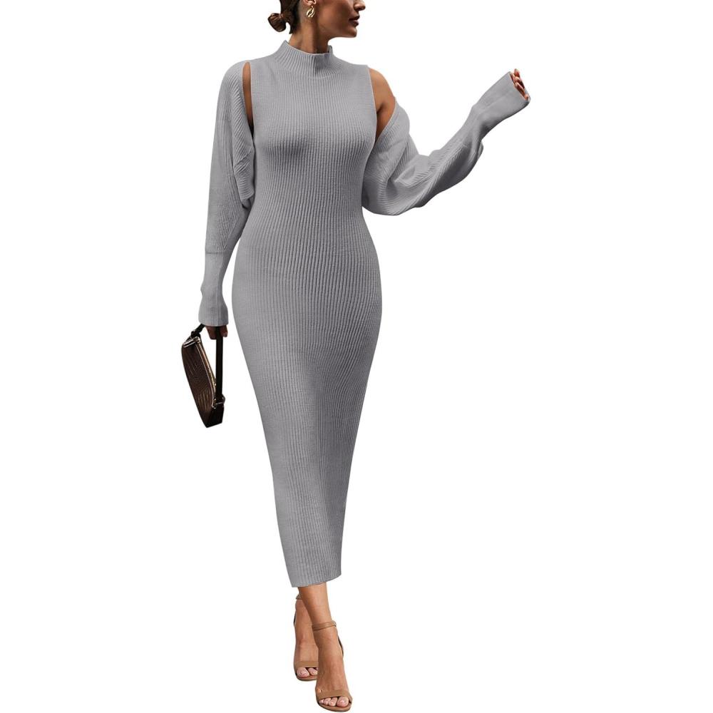 imagePRETTYGARDEN Womens Fall 2 Piece Outfits Knit Long Sleeve Cropped Cardigan Pullover Sweater Maxi Dress Sets Winter ClothingGrey