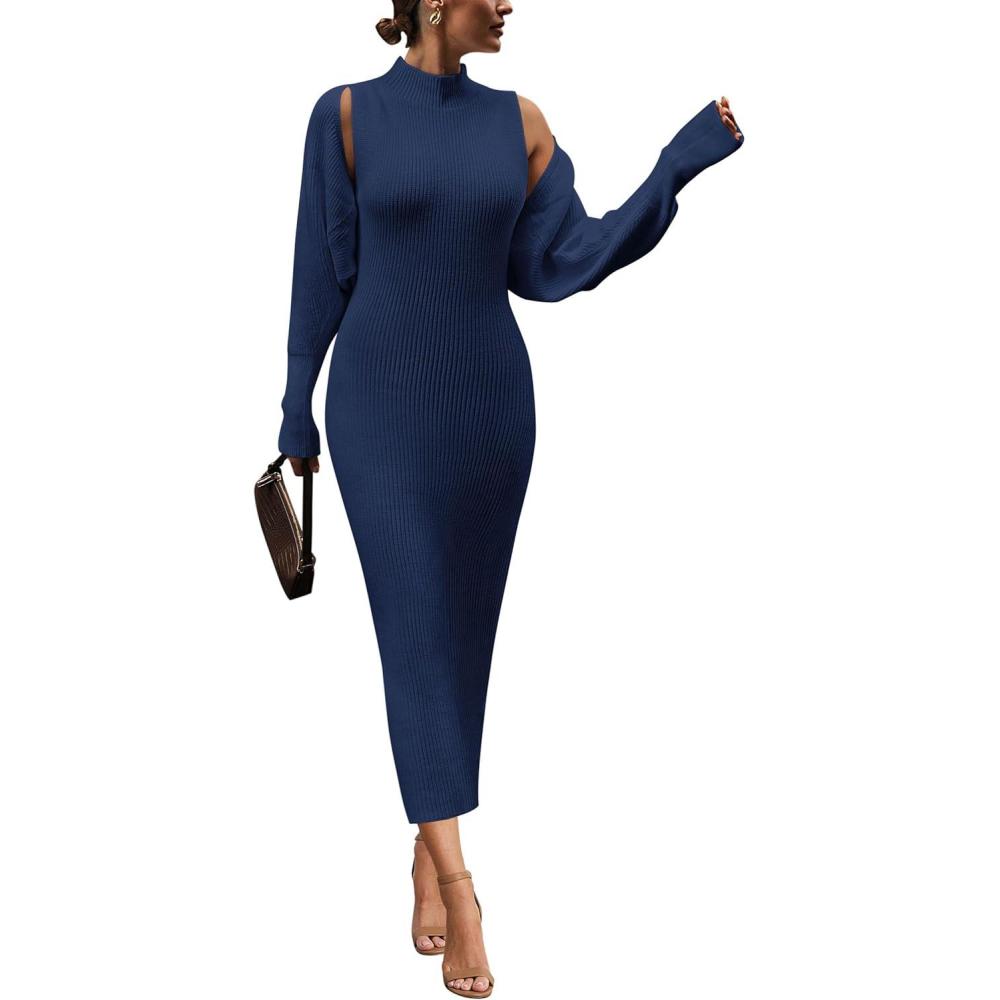 imagePRETTYGARDEN Womens Fall 2 Piece Outfits Knit Long Sleeve Cropped Cardigan Pullover Sweater Maxi Dress Sets Winter ClothingNavy