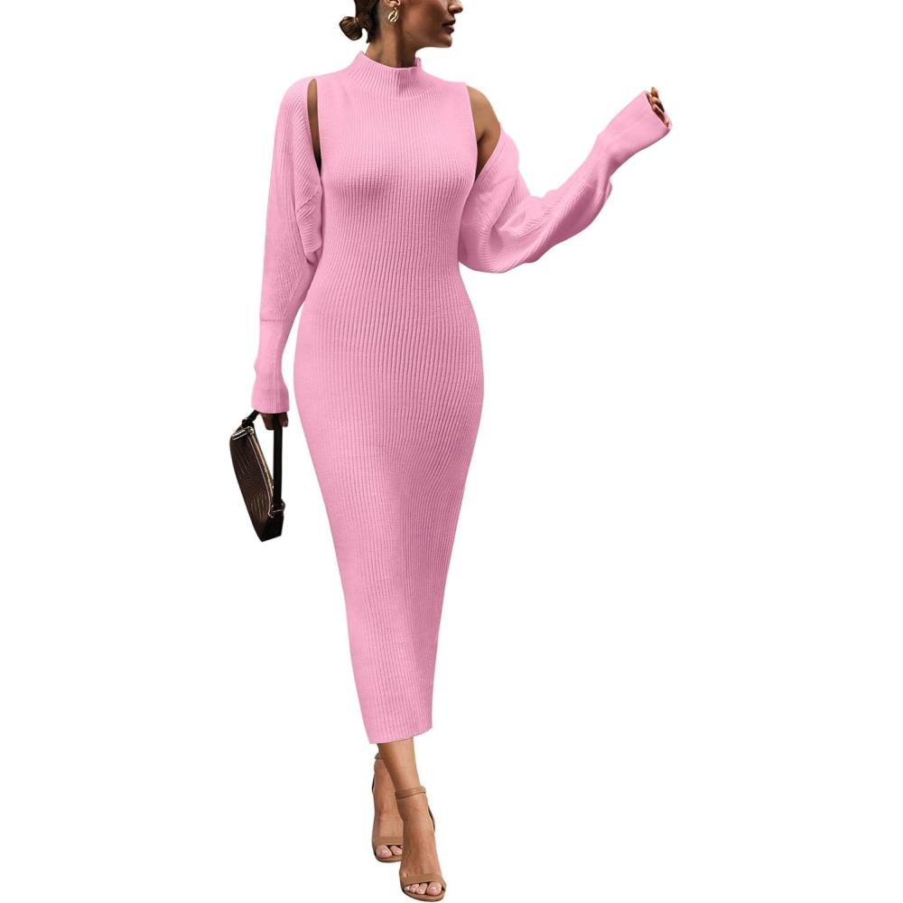 imagePRETTYGARDEN Womens Fall 2 Piece Outfits Knit Long Sleeve Cropped Cardigan Pullover Sweater Maxi Dress Sets Winter ClothingPink