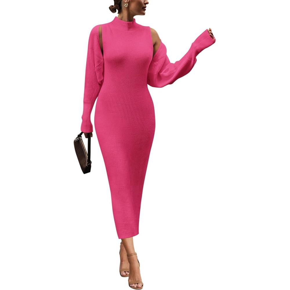imagePRETTYGARDEN Womens Fall 2 Piece Outfits Knit Long Sleeve Cropped Cardigan Pullover Sweater Maxi Dress Sets Winter ClothingRose Red