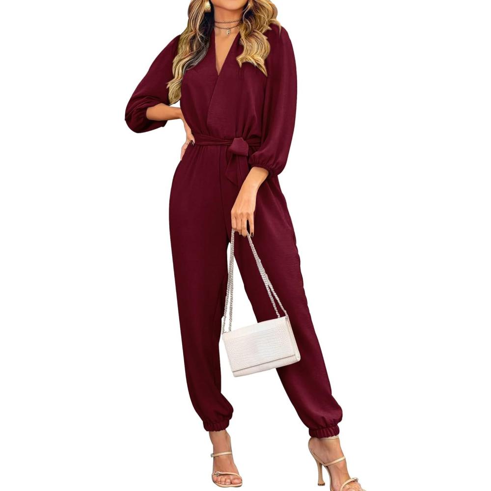 imagePRETTYGARDEN Womens Fall Jumpsuits Dressy Casual Pants Romper Spring Long Sleeve V Neck Belt Pockets One Piece OutfitsWine Red