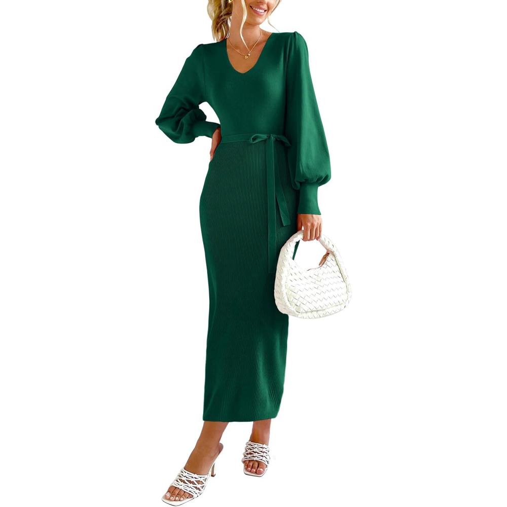 imagePRETTYGARDEN Womens Fall Knit Pullover Sweater Dress Elegant Long Lantern Sleeve V Neck Winter Maxi Bodycon DressesDark Green