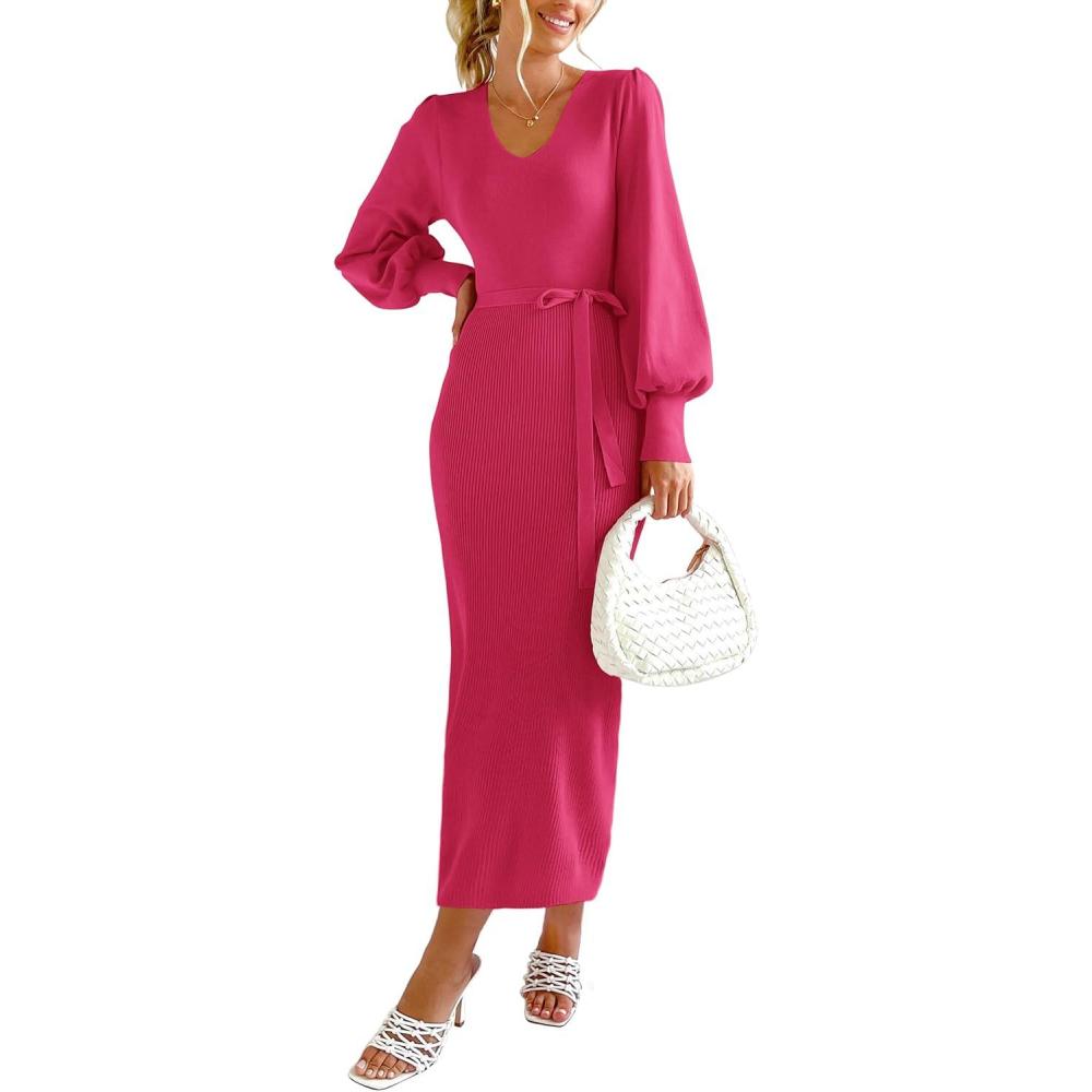 imagePRETTYGARDEN Womens Fall Knit Pullover Sweater Dress Elegant Long Lantern Sleeve V Neck Winter Maxi Bodycon DressesRose Red