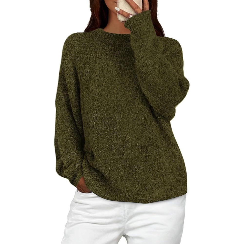 imagePRETTYGARDEN Womens Fall Long Sleeve Sweater Crew Neck Fuzzy Loose Fit Chunky Knit Oversized Pullover Sweaters Going Out TopsArmy Green