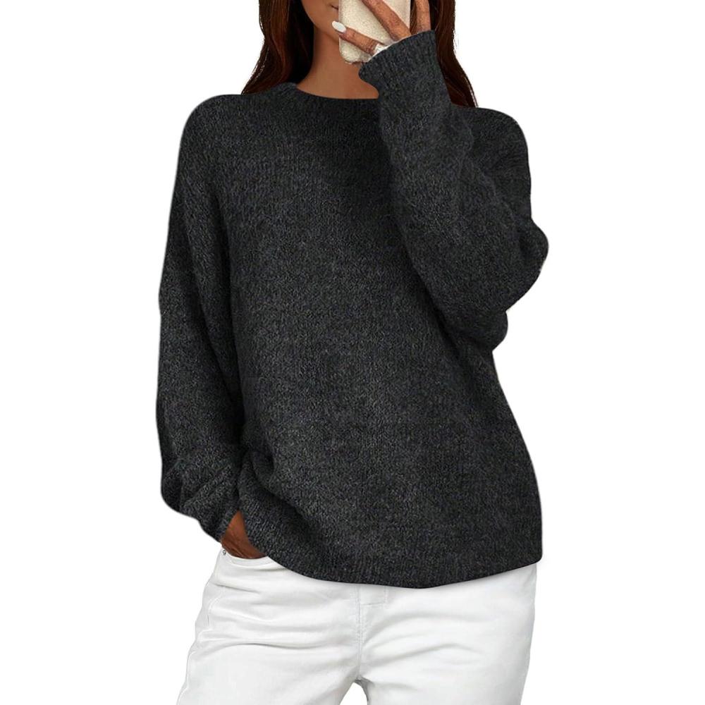 imagePRETTYGARDEN Womens Fall Long Sleeve Sweater Crew Neck Fuzzy Loose Fit Chunky Knit Oversized Pullover Sweaters Going Out TopsBlack