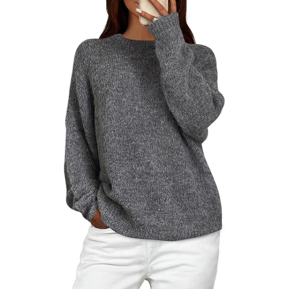 imagePRETTYGARDEN Womens Fall Long Sleeve Sweater Crew Neck Fuzzy Loose Fit Chunky Knit Oversized Pullover Sweaters Going Out TopsDark Grey