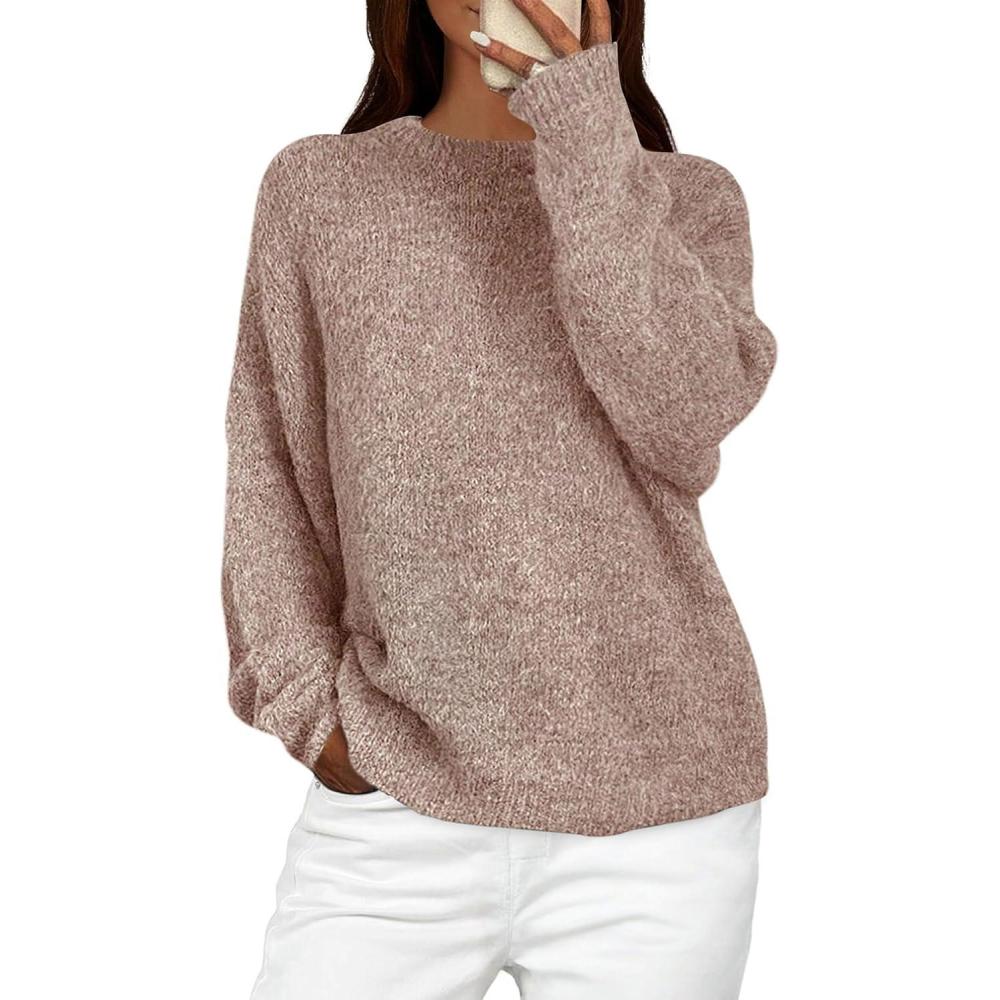imagePRETTYGARDEN Womens Fall Long Sleeve Sweater Crew Neck Fuzzy Loose Fit Chunky Knit Oversized Pullover Sweaters Going Out TopsDusty Pink