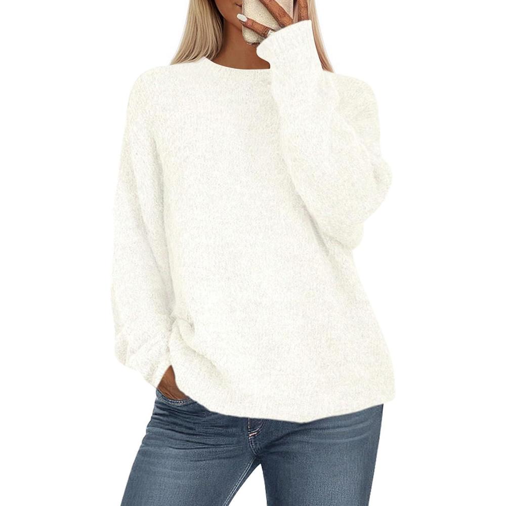 imagePRETTYGARDEN Womens Fall Long Sleeve Sweater Crew Neck Fuzzy Loose Fit Chunky Knit Oversized Pullover Sweaters Going Out TopsWhite