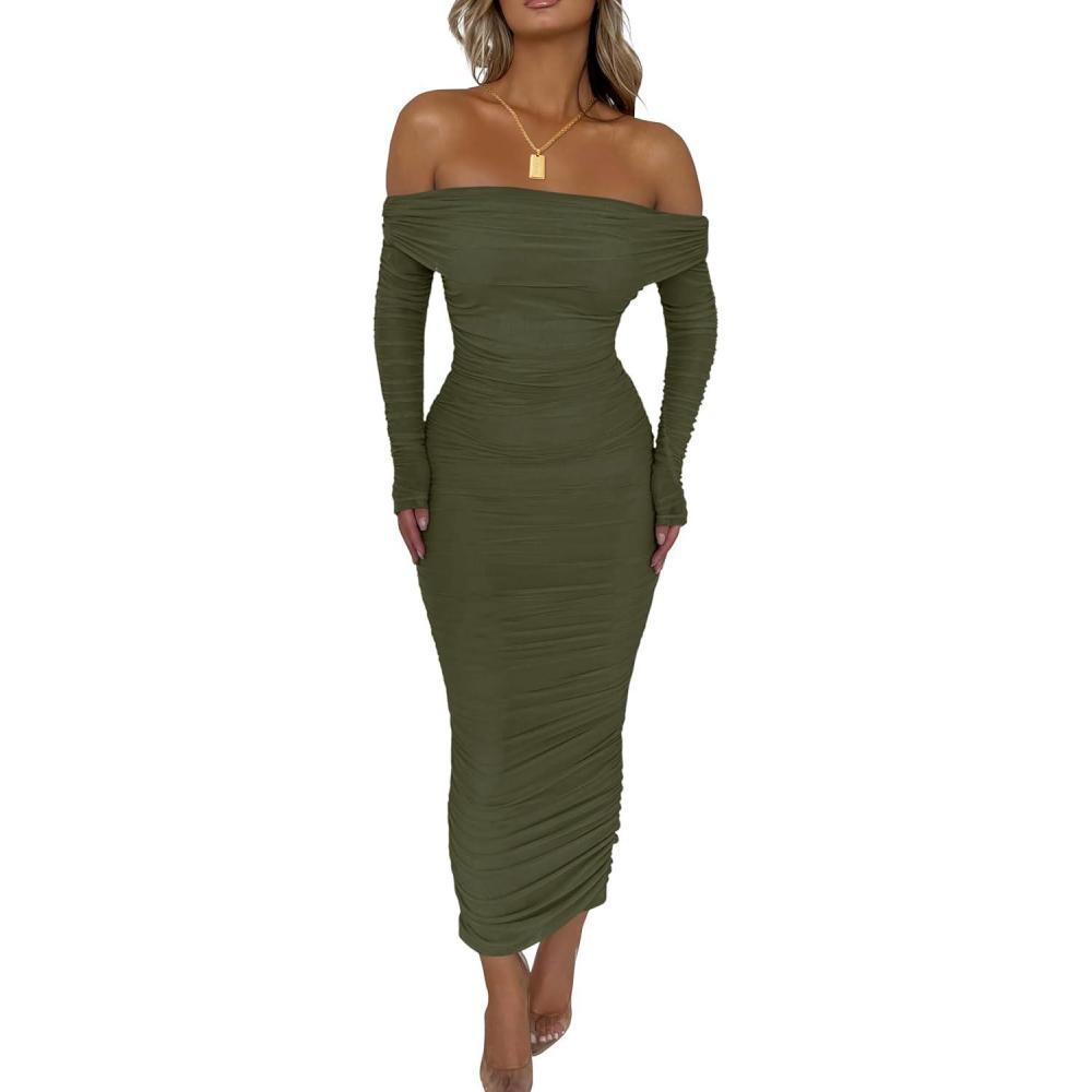 imagePRETTYGARDEN Womens Fall Off The Shoulder Maxi Dress Spring Long Sleeve Ruched Fitted Bodycon Club Dresses with SlitArmy Green