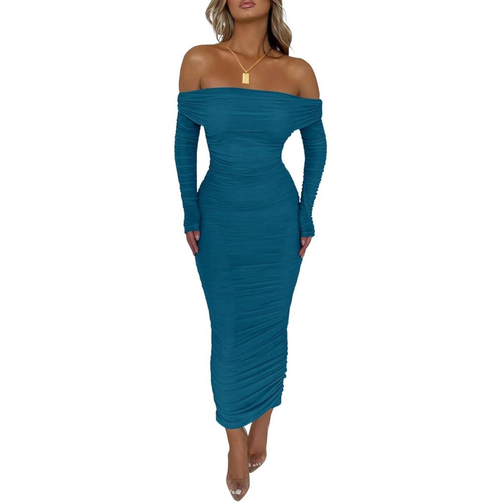 imagePRETTYGARDEN Womens Fall Off The Shoulder Maxi Dress Spring Long Sleeve Ruched Fitted Bodycon Club Dresses with SlitLake Blue