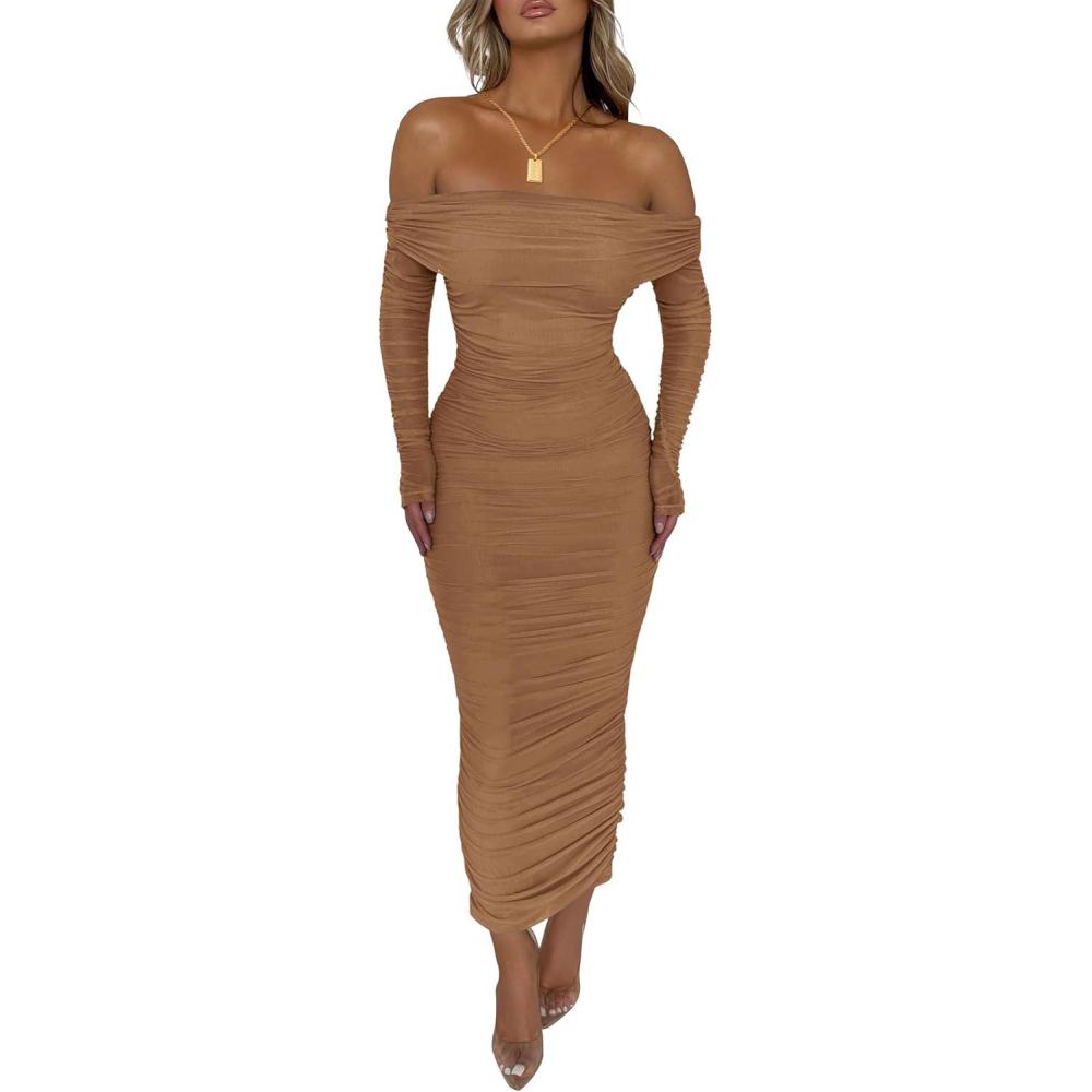 imagePRETTYGARDEN Womens Fall Off The Shoulder Maxi Dress Spring Long Sleeve Ruched Fitted Bodycon Club Dresses with SlitLight Brown