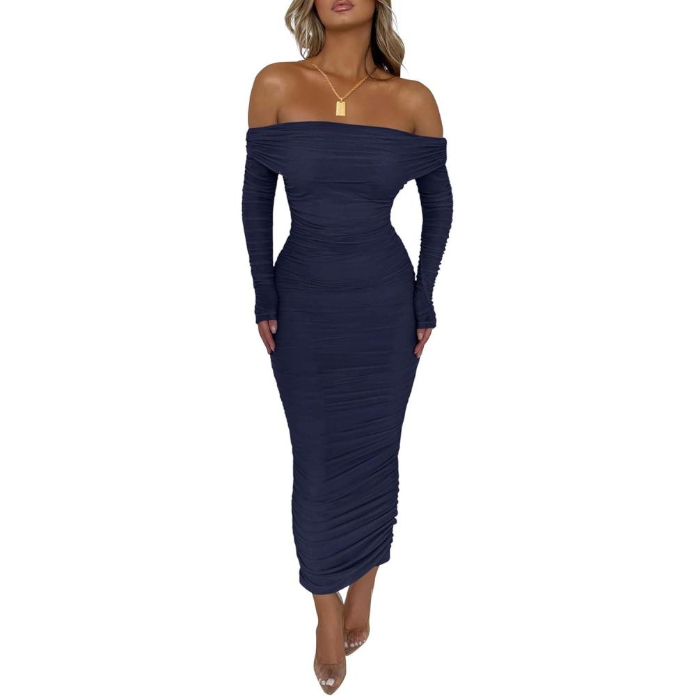 imagePRETTYGARDEN Womens Fall Off The Shoulder Maxi Dress Spring Long Sleeve Ruched Fitted Bodycon Club Dresses with SlitNavy