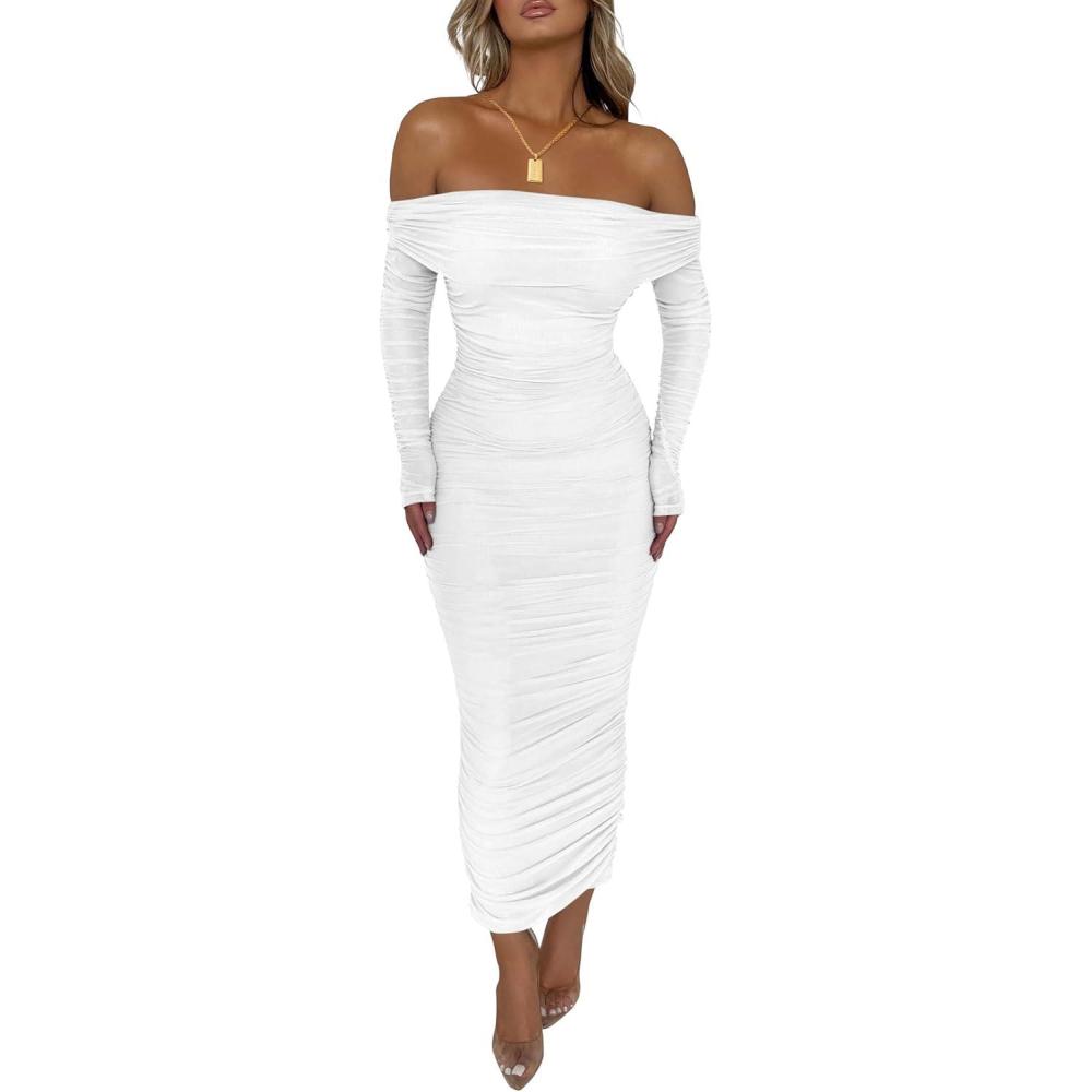 imagePRETTYGARDEN Womens Fall Off The Shoulder Maxi Dress Spring Long Sleeve Ruched Fitted Bodycon Club Dresses with SlitWhite