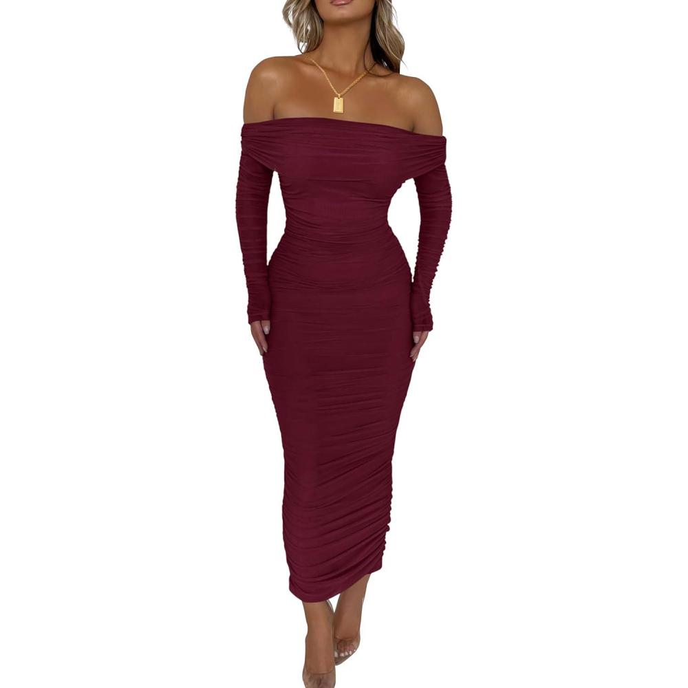 imagePRETTYGARDEN Womens Fall Off The Shoulder Maxi Dress Spring Long Sleeve Ruched Fitted Bodycon Club Dresses with SlitWine Red