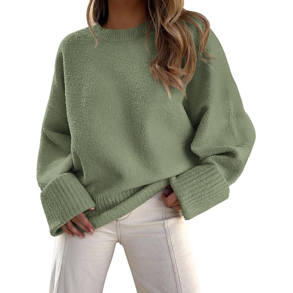 imagePRETTYGARDEN Womens Fall Oversized Sweaters Casual Crewneck Pullover Long Sleeve Fuzzy Chunky Knit Tops BlouseArmy Green