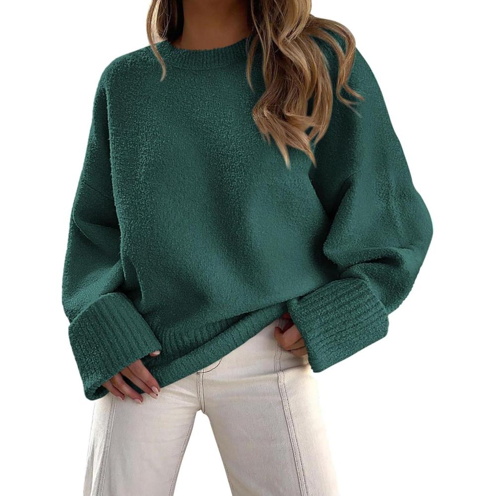 imagePRETTYGARDEN Womens Fall Oversized Sweaters Casual Crewneck Pullover Long Sleeve Fuzzy Chunky Knit Tops BlouseDark Green