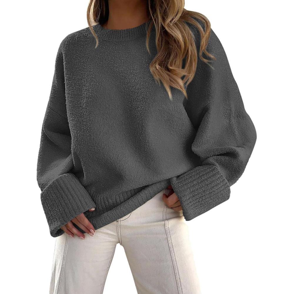 imagePRETTYGARDEN Womens Fall Oversized Sweaters Casual Crewneck Pullover Long Sleeve Fuzzy Chunky Knit Tops BlouseDark Grey