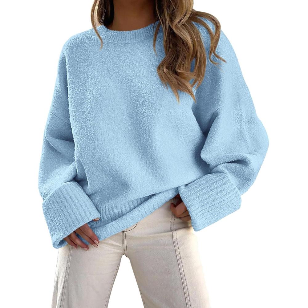 imagePRETTYGARDEN Womens Fall Oversized Sweaters Casual Crewneck Pullover Long Sleeve Fuzzy Chunky Knit Tops BlouseLight Blue