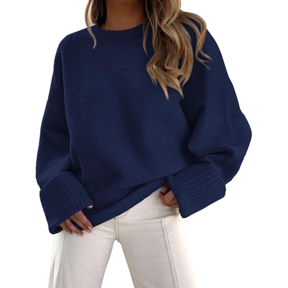 imagePRETTYGARDEN Womens Fall Oversized Sweaters Casual Crewneck Pullover Long Sleeve Fuzzy Chunky Knit Tops BlouseNavy