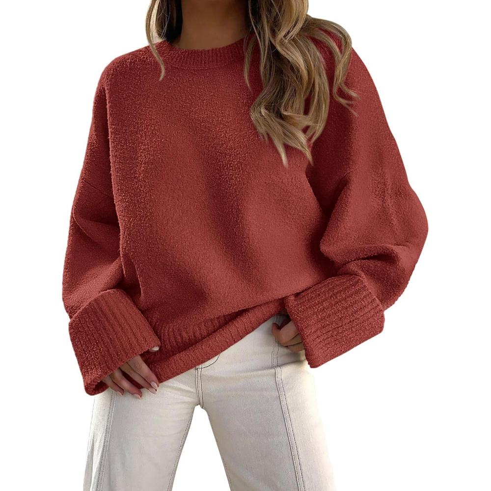 imagePRETTYGARDEN Womens Fall Oversized Sweaters Casual Crewneck Pullover Long Sleeve Fuzzy Chunky Knit Tops BlouseRust Red