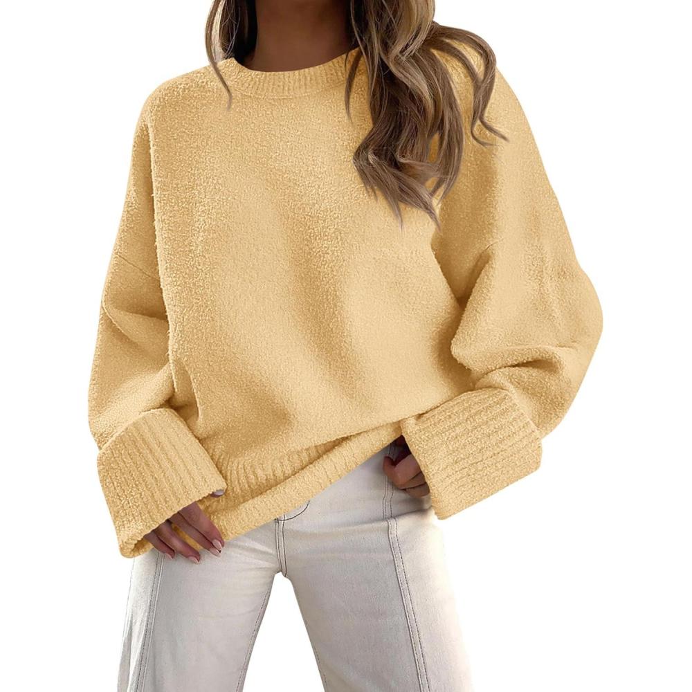 imagePRETTYGARDEN Womens Fall Oversized Sweaters Casual Crewneck Pullover Long Sleeve Fuzzy Chunky Knit Tops BlouseYellow